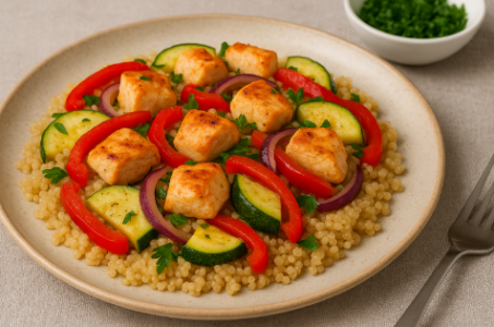 Тёплый салат с киноа, курицей и овощами