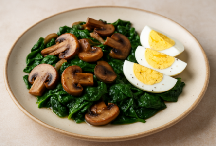 Тёплый салат с грибами, шпинатом и яйцом