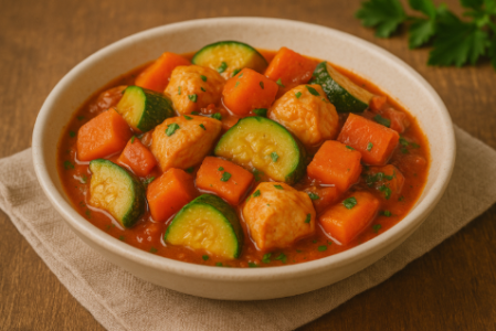 Тушёные овощи с курицей и томатами